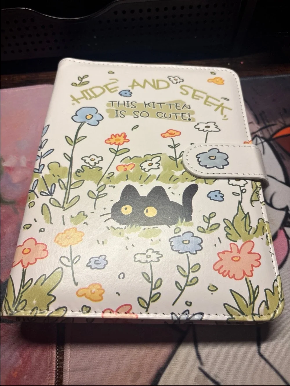 Cute Black Kitten Floral Cat a5 binder Cover - White